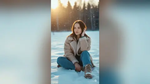 KetrinRosse — Young woman in a beige shearling coat and jeans sitting in a snowy winter forest during a golden sunset.