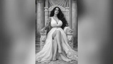 Elegant woman in a flowing white gown sitting on an ornate stone throne in a moody black and white portrait.