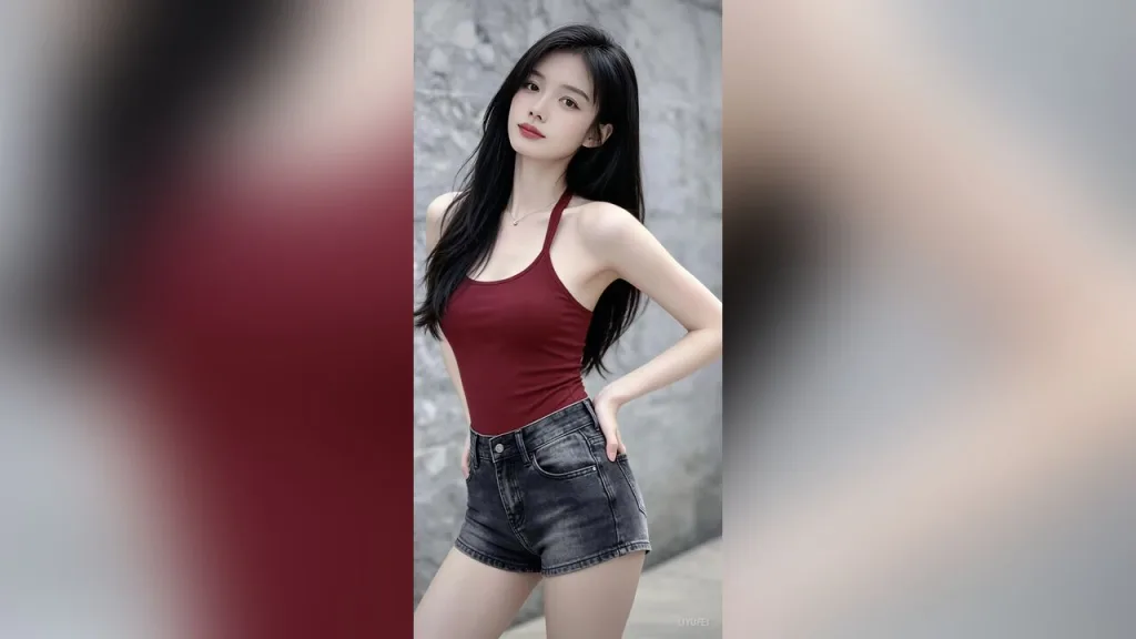 liyufei — liyufei poses in a red tank top and black denim shorts against a stone wall.