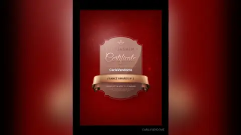 Elegant gold LiveJasmin certificate award presented to Carla Vendome on a luxury red background.