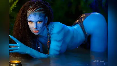 Blue-skinned Na'vi woman with long dark hair relaxing in a mystical jungle water setting.