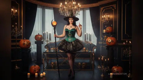 LaurenNewton — LaurenNewton poses as a witch in a black corset and tutu, holding a glowing staff in a room filled with jack-o'-lanterns.
