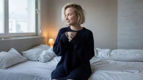 NancyKarsten — Blonde woman in a cozy navy sweater holding a mug by a window in a bright, peaceful bedroom.