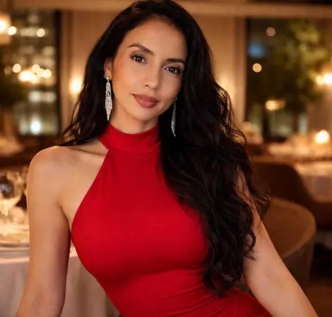 Elegant woman in a red halter dress with long wavy hair posing in a warm, dimly lit restaurant setting.