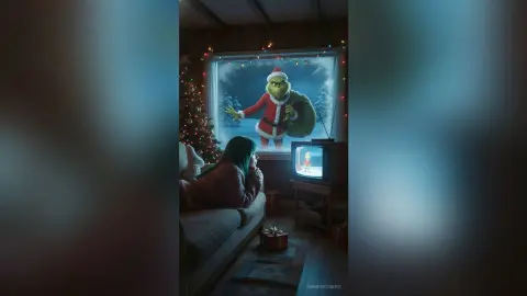 The Grinch in a Santa suit watching television in a cozy, dimly lit living room with a Christmas tree.