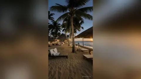 Tropical beach resort at dusk with palm trees, sand, and cozy outdoor dining huts by the ocean.