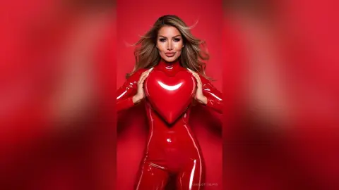 Glamorous woman in a red shiny latex bodysuit posing against a vibrant red background for a bold fashion look.