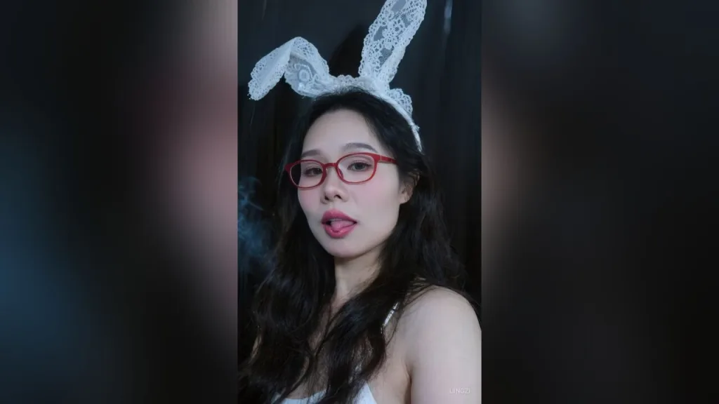 lingzi — lingzi wears white lace bunny ears and red glasses while posing against a dark background.