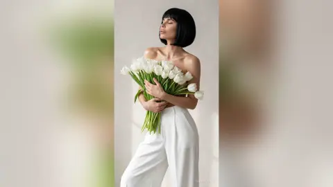 Serene woman in white trousers holding a large bouquet of white tulips against a minimalist neutral background.