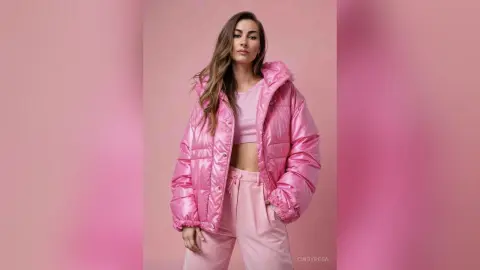 Fashionable woman in a pink puffer jacket and matching trousers posing against a soft pink studio background.