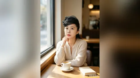 AuraraFeng — AuraraFeng sits at a cafe window wearing a white sweater and a black headband, looking thoughtfully out the window.