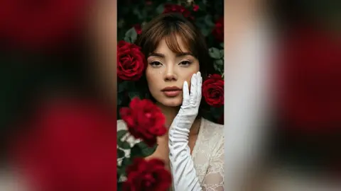 SophiaNapoles poses with red roses, wearing a white lace top and long white gloves, looking directly at the camera with brown hair and bangs.