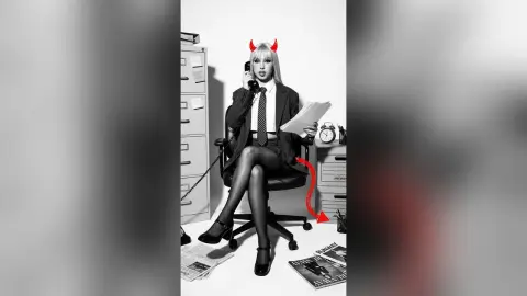 Woman in office attire with red devil horns talking on a telephone in a professional studio setting.