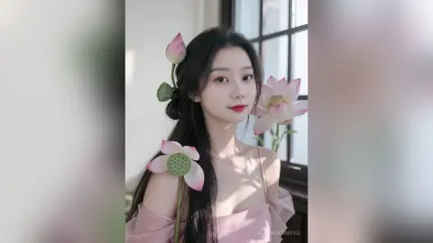 Elegant young woman in a pink off-the-shoulder dress surrounded by pink lotus flowers in soft natural light.