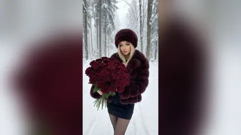 Blonde woman in a cozy burgundy faux fur coat holding a large bouquet of red roses in a snowy winter forest.