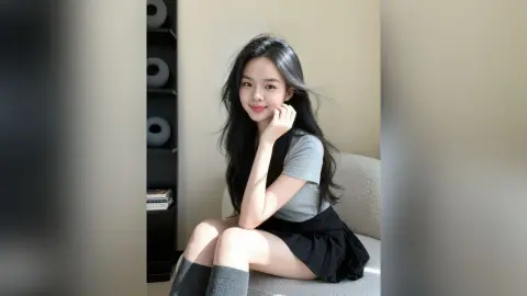 Young woman in a grey t-shirt and black skirt sitting on a sofa in a bright, minimalist room.