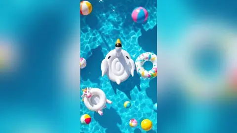 Colorful inflatable floats and beach balls floating in bright blue swimming pool water on a sunny summer day.