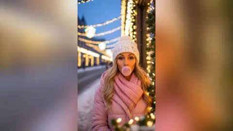Blonde woman in a pink puffer jacket and white beanie blowing a bubble gum bubble in a festive winter setting.