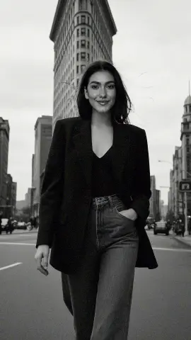 Stylish woman in a black blazer and denim jeans walking on a city street near the Flatiron Building.