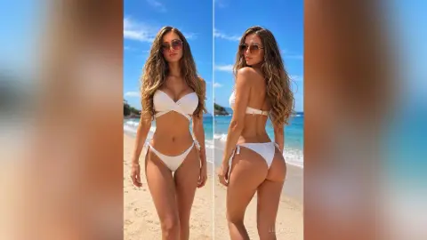 LilyReyes poses in a white bikini on a sunny beach, showing off her long wavy hair and fit body.