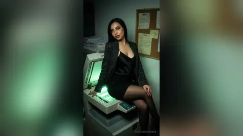 Elegant woman in a black satin dress and blazer sitting on a photocopier in a moody office setting.