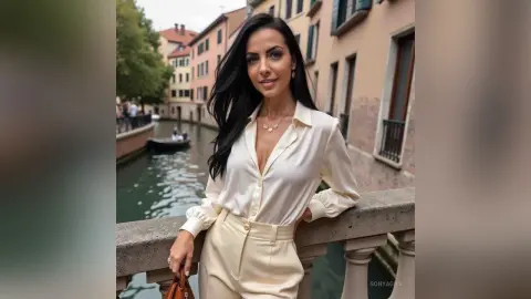 Elegant woman in a white silk blouse and cream trousers posing by a scenic canal in an old European town.