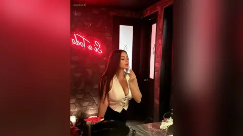 MiaKorz with long dark hair wears a white sleeveless top while posing in a dimly lit room with a red neon sign.