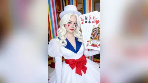 Blonde woman in white queen costume holding giant playing cards in a colorful circus-themed setting.