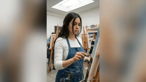 Young female artist in a white shirt and denim apron painting on a canvas in a bright art studio.