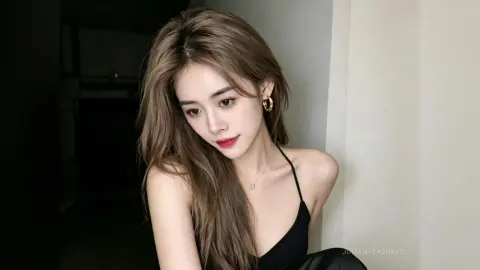 Elegant woman in a black silk dress with gold hoop earrings posing in a moody, minimalist indoor setting.