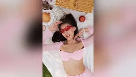 Smiling woman in pink bikini and red sunglasses relaxing on a white picnic blanket outdoors.