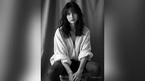 Moody black and white portrait of a woman in a white button-down shirt sitting against a draped fabric backdrop.