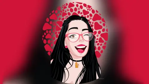 JessieLiu winks with red glasses and long black hair against a red and white patterned background.