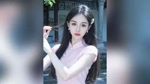 Elegant young woman in a pink traditional cheongsam posing gracefully in a serene outdoor garden setting.