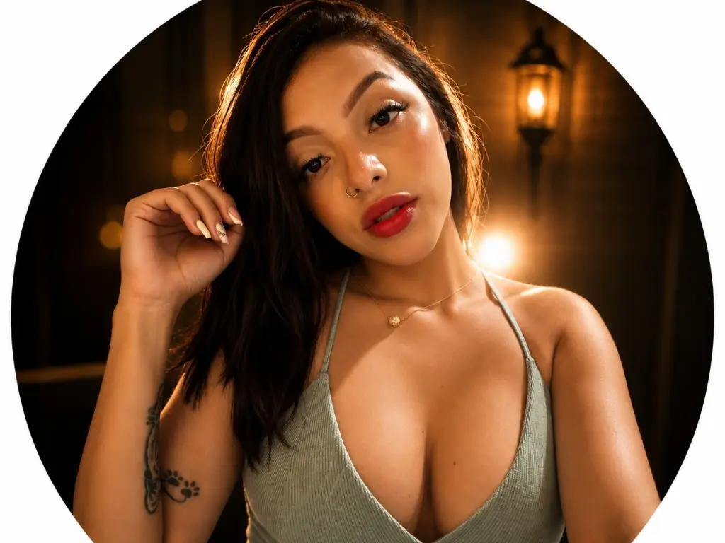 anyirestrepo with long dark hair wearing a grey halter top top, posing in warm lighting.