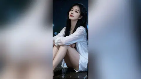 liyufei sits on a wet surface wearing a white long-sleeved shirt, looking at the camera with long dark hair.