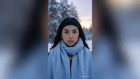 Young woman in a blue winter scarf and black headband posing in a snowy forest setting.