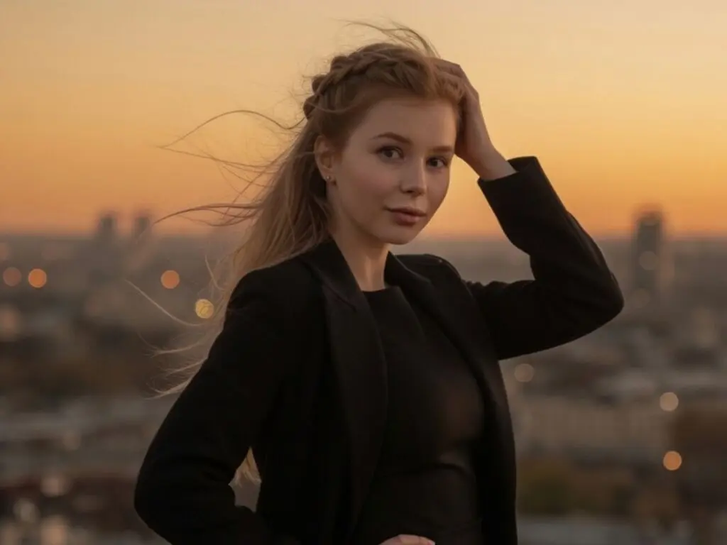 Blonde woman in a black blazer posing against a golden sunset cityscape background.
