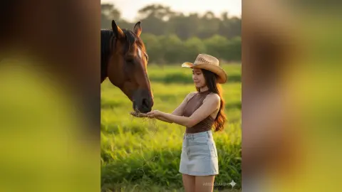 Young woman in a brown top and denim skirt feeding a brown horse in a sunny green meadow.