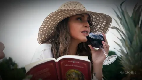 Smiling woman in a straw sun hat sipping red wine while reading a book in a sunny outdoor garden setting.