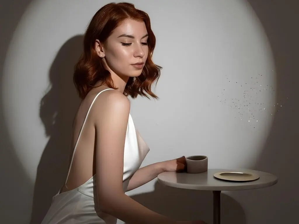 Elegant redhead woman in a white backless dress sitting at a table in a minimalist studio setting.