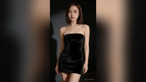 Elegant woman in a sleek black velvet strapless mini dress posing against a dark studio background.