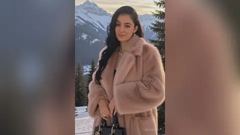 Elegant woman in a plush beige faux fur coat standing against a snowy mountain landscape at dusk.