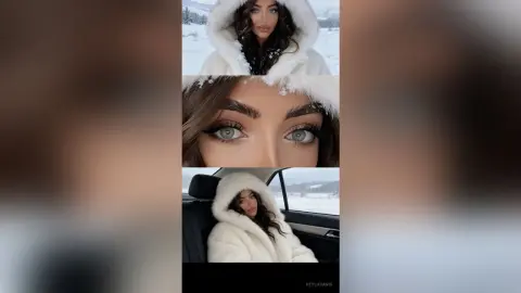 Beautiful woman in a cozy white faux fur hooded coat posing in a snowy winter landscape.
