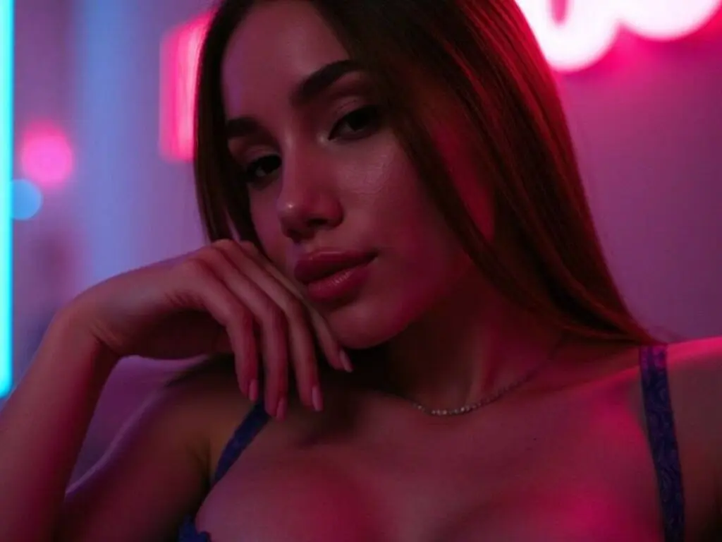 Young woman in a blue lace top posing under moody pink and blue neon lighting.