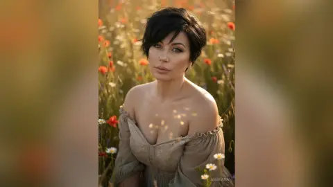 Beautiful woman in an off-the-shoulder beige dress sitting in a dreamy wildflower field at sunset.