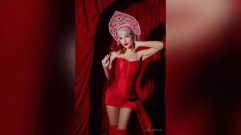 Elegant woman in a red corset dress and ornate silver headpiece posing against red curtains.