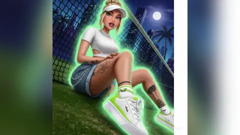 Stylized digital art of a blonde woman in a white crop top and denim shorts sitting on grass at night.
