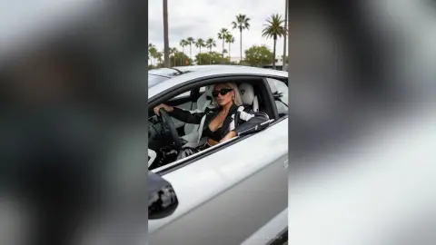 Stylish woman in a black crop top and jacket driving a white car through a sunny palm tree lined street.