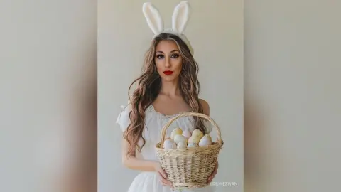 Woman in white dress and bunny ears holding a basket of Easter eggs in a bright, festive setting.